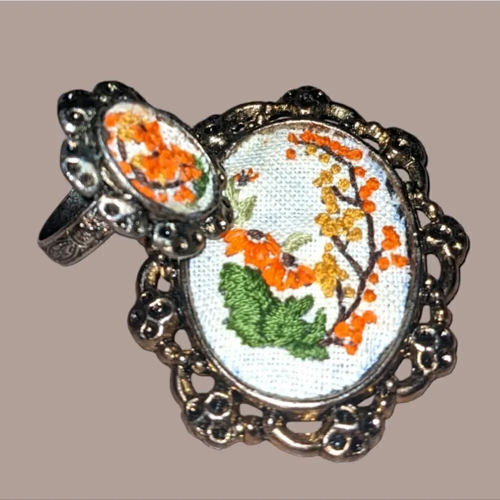 Vintage‎ needle point brooch and matching ring
